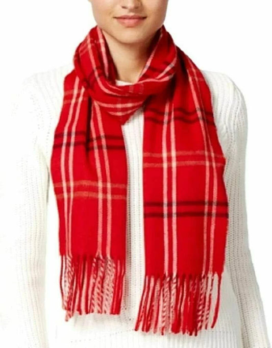 Share STEVE MADDEN Red Plaid Mid-Weight 100% Acyrlic 70x11 Muffler Fringe Trim Scarf