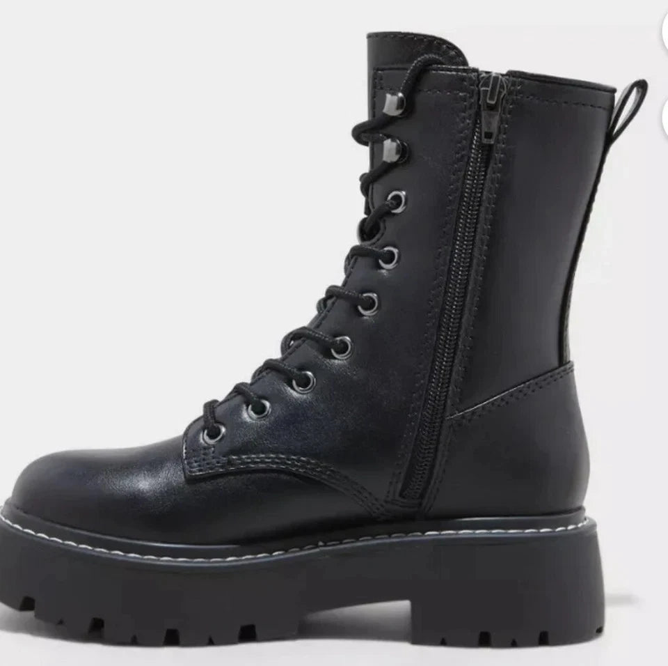 Wild Fable Women's Logan Lug Combat Boots Memory Foam Insole Black Sz 7.5